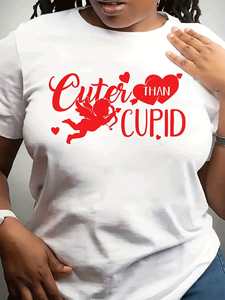 T-Shirt Casual da Donna con Collo Tondo, Stampa Cuore e Cupido per San Valentino, Manica Corta, 100% Cotone Jersey, Primavera Estate - Product Image 3