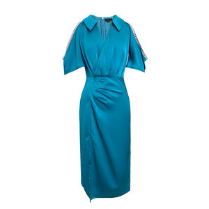 Abito longuette estivo con spalle scoperte abito Casual da <span class=keywords><strong>donna</strong></span> <span class=keywords><strong>blu</strong></span> colletto rovesciato abito Midi con spacco alto Vestidos - Product Image 5