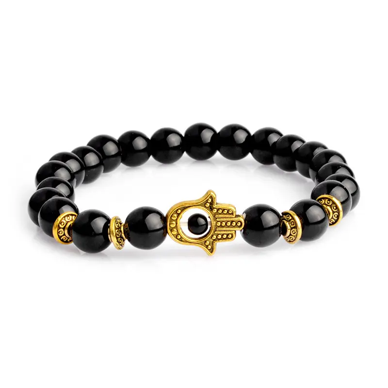 Groothandel Mannen Sieraden Custom Metal Devil Eye Charms Hamsa 8Mm Black Onyx Howliet Kralen Armbanden Handgemaakte Sieraden Van Fatima