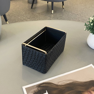 Boîte de rangement en cuir rectangulaire noire tressée, organisateur de bureau pour cosmétiques, support pour désordre de bureau, couleur unie - Product Image 1