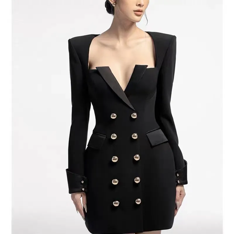 New Fall Fitness Quality Chic Elegant Double Breasted Career Women Blazer Dress Top Quality