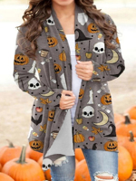 Cardigan en tricot à manches longues pour femme grande taille, style vintage, imprimé citrouille créatif Halloween, ouvert sur le devant