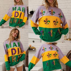 Mardi Gras Sequin Sweatshirt <strong>Women</strong> Oversized Color Block Pullover <strong>Sparkly</strong> Fleur De Lis Festival Top - Product Image 2