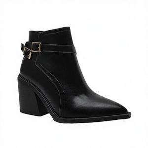 Chelsea Women's High Top Ankle Boots Bare Boots for Autumn/Winter Large-sized Pointed Toe Thick-heeled Zip Rubber Outsole - Product Image 1