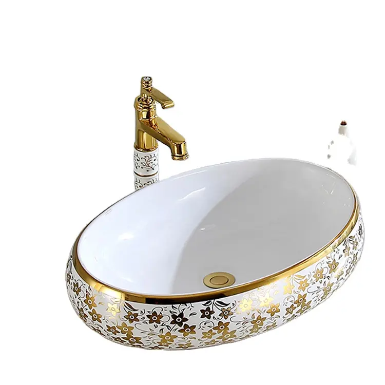 KD-03GBG Chaozhou Gold Plated Ceramic Basin Bathroom Hand Wash Basin with Flower Pattern Elegant Curved Design Table Top Sink