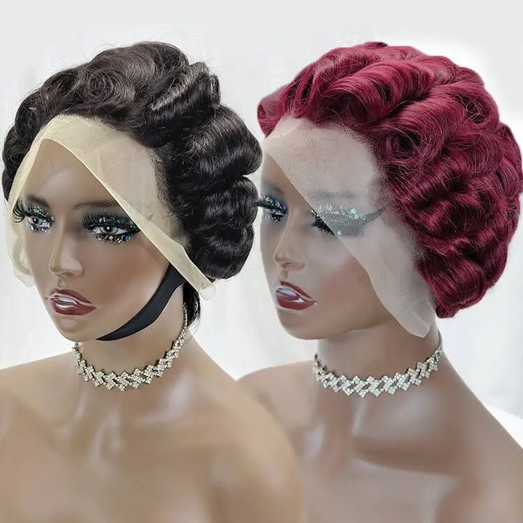थोक 13x4 Glueless फीता ललाट पिक्सी कटौती मानव बाल Wigs लघु बॉब पिक्सी कर्ल पूर्ण मशीन विग Glueless काले महिलाओं के लिए