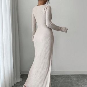 Vestido Vintage Versátil de Lana Ecológica de Color Liso con Cuello Geométrico Inclinado, Ajustado a la Cadera, Largo hasta la Rodilla, con Abertura y Manga Larga para Otoño - Product Image 2