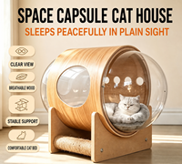 Tempat Tidur Kucing Kapsul Luar Angkasa Transparan Modern 2026, Tiang Garukan Kayu Solid Bulat, Furnitur Kucing