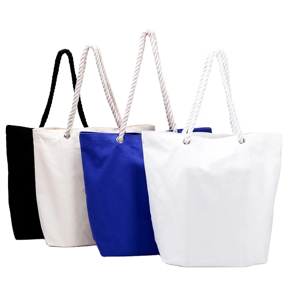 Khuyến Mãi Tái Chế Tùy Chỉnh Kích Thước 100% 12Oz Trắng Bông Vải Tote Túi Bãi Biển Canvas Rope Xử Lý