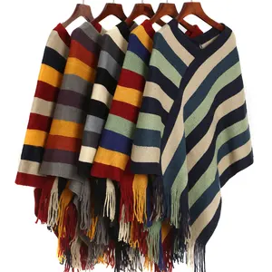 newest wide shawl with color stripe fashion knitted poncho pattern for women streak other scarves fashion Factory direct sale