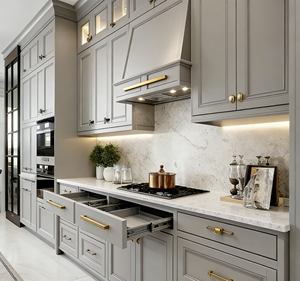 Muted Gray Modern <b>Kitchen</b> Cabinet Set - Brass Hardware & <b>Island</b> Design, Luxury Multi-Zone <b>Storage</b> for Stylish Homes - Product Image 2