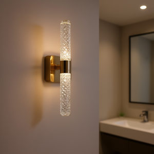 Applique murale contemporaine en fer doré, 17 pouces de hauteur, abat-jour cylindrique en cristal bulle, luminaire LED pour salle de bain et chambre à coucher - Product Image 2