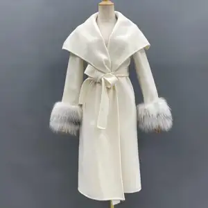 Vente chaude fournisseur hiver grand revers sur genou longueur fourrure poignets laine 100% cachemire tissu pour manteau