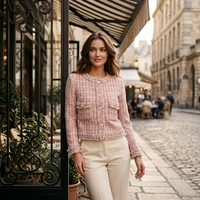 Manteau en laine grossière tissée pour femme - Printemps, élégant, motif à carreaux rose, fin, anti-plis, vintage, luxe 2026