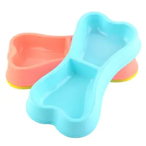 Kingtale Dog Double Bowls Bone Shaped Feeder Pet Plastic Bowl Water Food Feeding Container Smooth Surface Designed Dish