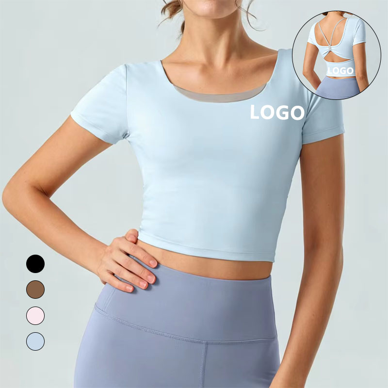 Custom Logo Naked Feeling Yoga Top Women Short Sleeve Twisted Open Back Sports Bra Buttery Soft Fitness Gym Workout Crop Top