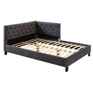 High <b>End</b> Grey Velvet Tufted Corner <b>Bed</b> Frame with Sturdy Wooden Slats For Home Bedroom - Product Image 6