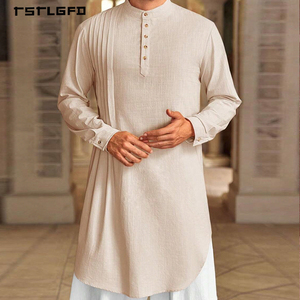 <b>Men</b> Cream Cotton Linen Kurta Henley Neck Pintuck Pleat Curved Hem Long Sleeve Loose Mid-Length Islamic Casual Modest Shirt - Product Image 1