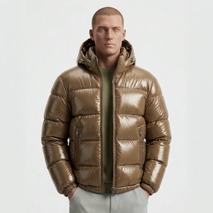 Veste matelassée à capuche marron pour homme, coupe-vent, fermeture éclair, coupe classique, manteau d'hiver en duvet, couleur unie, style décontracté - Product Image 1