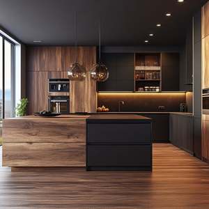 Armoires de cuisine en acier inoxydable foncé de luxe avec lumières, design moderne de Foshan, panneau de porte personnalisé pour toute la maison, traitement de surface laqué - Product Image 2