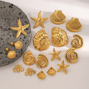 Boucles d'oreilles clous en acier inoxydable plaqué or, <span class=keywords><strong>pas</strong></span> chères, pour femme, style minimaliste, étoile de mer et coquillage, accessoires tendance, vente chaude - Product Image 3