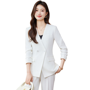 Women's White Suit Set Polyester Flared Trousers Office Lady Spring Anti-Wrinkle Three Quarter Sleeve - Product Image 5
