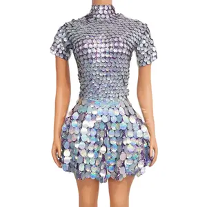 Sexy Short Sleeve Bling Sequin A Line Performance Dance Mini Dress Ball Gowns Plus Size Short Prom Dress Women Party Club Dress