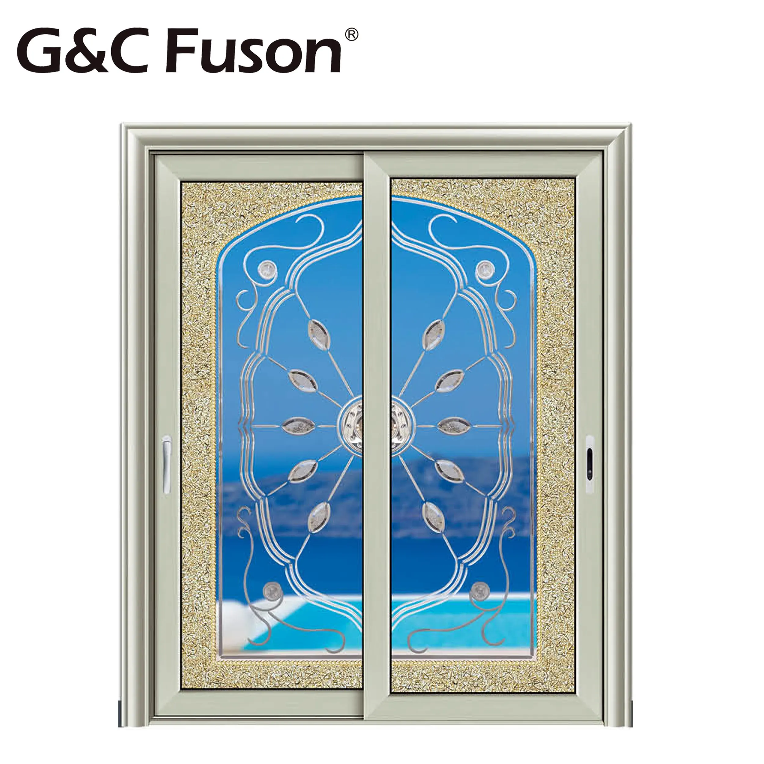 Fuson最小注文数量テンパー艶をかけられたセキュリティメタルホワイトフレームアルミニウムデザイングリルガラススライディングウィンドウ