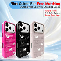 Casing HP Kulit PU Spons Motif Kucing Lucu Sederhana untuk iPhone 15/16/17 Pro Permukaan Halus Mengkilap Penyerap Guncangan