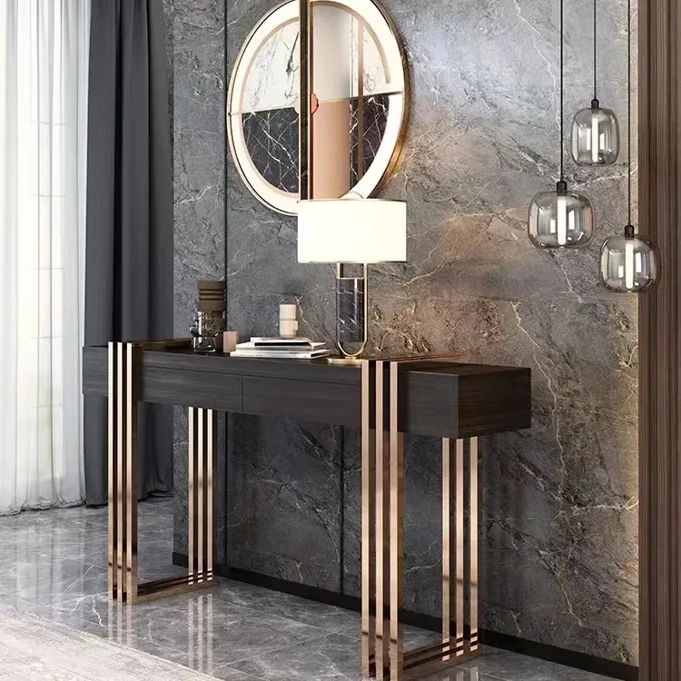 Ruang tamu Hotel aula mewah seni logam desainer marmer Aksen meja konsol modern dengan cermin