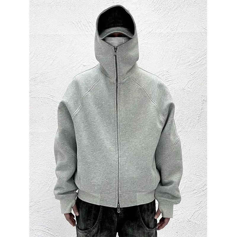 Fashion streetwear plus size cotton raglan drop shoulder cropped double zip hoodie cover face men's hoodies