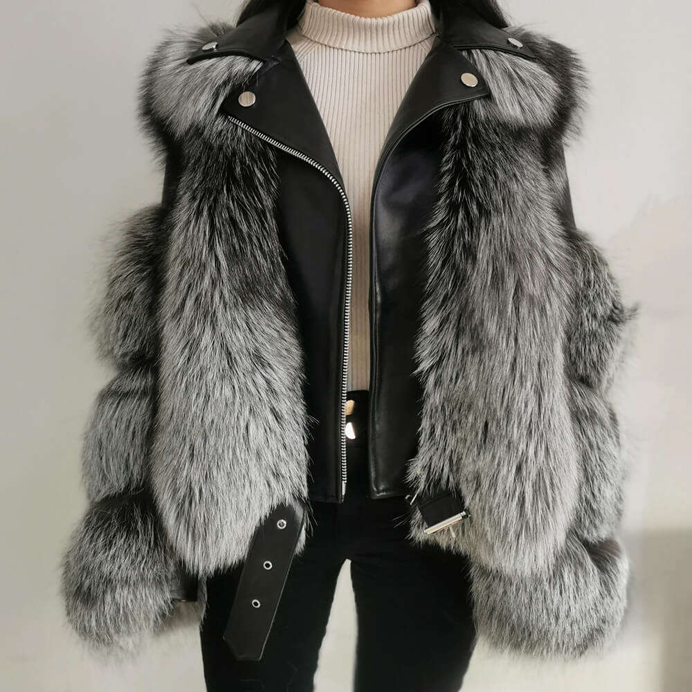 natural silver fox fur & black sheepskin