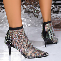 Bottines pour femmes, strass scintillants, maille filet, talon aiguille, semelle en caoutchouc, chaussures de soirée, chaussures de mariage