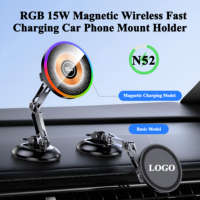 Support de téléphone de voiture à ventouse magnétique RGB 15W avec logo personnalisé, charge rapide sans fil pour la navigation en conduite