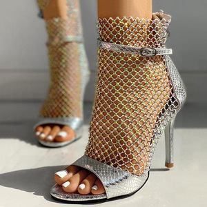 Bottes Femme Sexy 2025 à Bout Ouvert avec Strass et Maille Creuse - Product Image 1