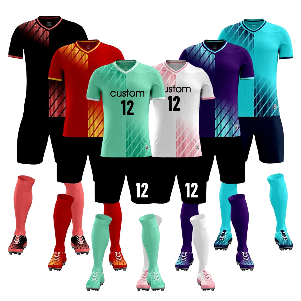 Conjuntos de uniformes de equipo de fútbol azul, ropa de fútbol de cuello redondo, camiseta de fútbol de secado rápido, Kit de camiseta de fútbol para jóvenes