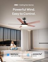 Kipas Angin Plafon WiFi Pintar 52 Inci 12 Kecepatan 3 Mode Peredupan Tanpa Tingkat LED Timer Motor DC Senyap 22dB Kontrol Pintar Hitam