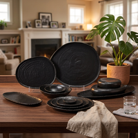 ST Wholesale Ensemble de vaisselle en céramique et porcelaine à glaçure réactive noir et blanc contrastant, assiettes à dîner, assiettes à dessert, pour la restauration, gain de place
