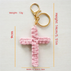 Porte-clés croix tissé à la main, breloque croix chrétienne en macramé avec anneau porte-clés, accessoire de sac religieux style bohème - Product Image 4