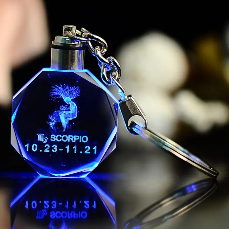 Transparent Crystal 3d Keychain Custom 12 Zodiac Signs LED Light Crystal Glass Key Chains For Gift Led-CKC-O04