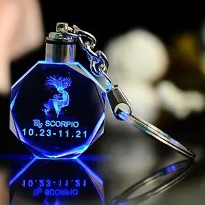 Прозрачный Кристалл 3d брелок изготовленный на заказ 12 знаков зодиака светодиодный свет с украшением в виде кристаллов стеклянный брелок для ключей для подарка Led-CKC-O04