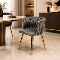 Chaise de salle à manger élégante et moderne en velours, chaise d'appoint de luxe avec dossier tissé, pieds en métal doré pour hôtel et restaurant