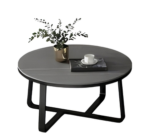 Mesa de Centro Moderna Redonda con Tapa de Imitación Mármol y Estructura de Metal Negro para Sala de Estar, Mueble para el Hogar - Product Image 4