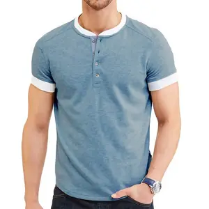 Erkek yaz düğmesi yarım açık Henley yuvarlak boyun Colorblock şık kısa kollu tişört ağır erkek t shirt