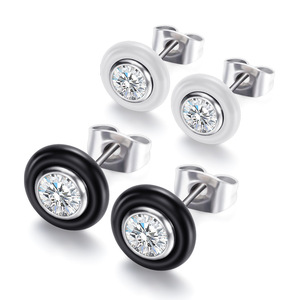 <b>Stud</b> Earrings 9mm Round Zircon Inlaid <b>Titanium</b> Steel Black White Ceramic For Women Daily Wear - Product Image 1