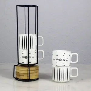 带茶托和金属支架的陶瓷咖啡杯4盎司可堆叠陶瓷小咖啡杯拿铁杯