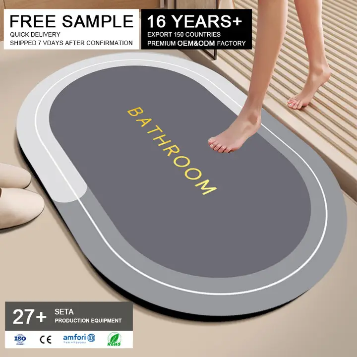 Toptan kaymaz banyo paspas hızlı kuru süper emici zemin Mat banyo ürünleri Diatom çamur düz duş kilim