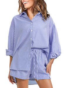 Femmes été 2 pièces rayé à manches longues chemise et short ensembles personnalisé de haute qualité vêtements d'été 2 pièces ensembles pour femmes - Product Image 2