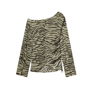 Blusa de Terciopelo para Mujer, Color Caqui, Un Hombro Descubierto, <span class=keywords><strong>Estampado</strong></span> <span class=keywords><strong>Animal</strong></span>, Manga Larga, Diseño Casual y Elegante - Product Image 2
