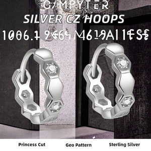 Wholesale 925 Sterling <b>Silver</b> Princess Cut Geometric Hexagon Small Zircon Rhodium Plated <b>Huggie</b> Honeycomb Hoops Women Fine Gift - Product Image 2